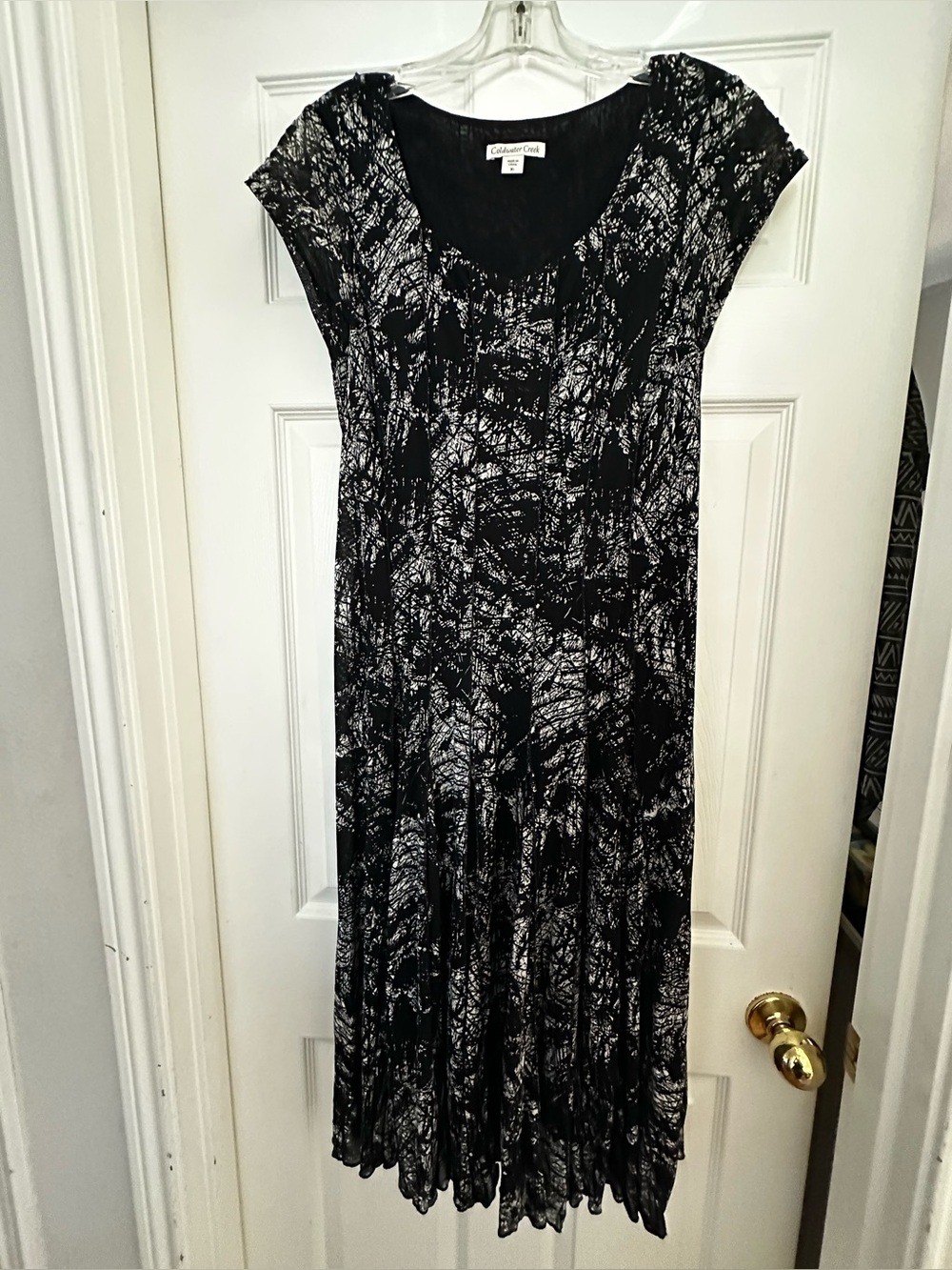 Coldwater Creek Black & White Cap-Sleeve Midi Dress with Abstract Print